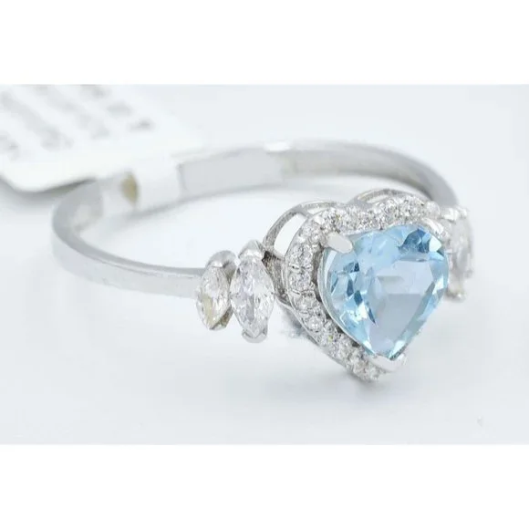 Genuine 1.10 Cts Aquamarine & W/sapphire Ring 14k White Gold